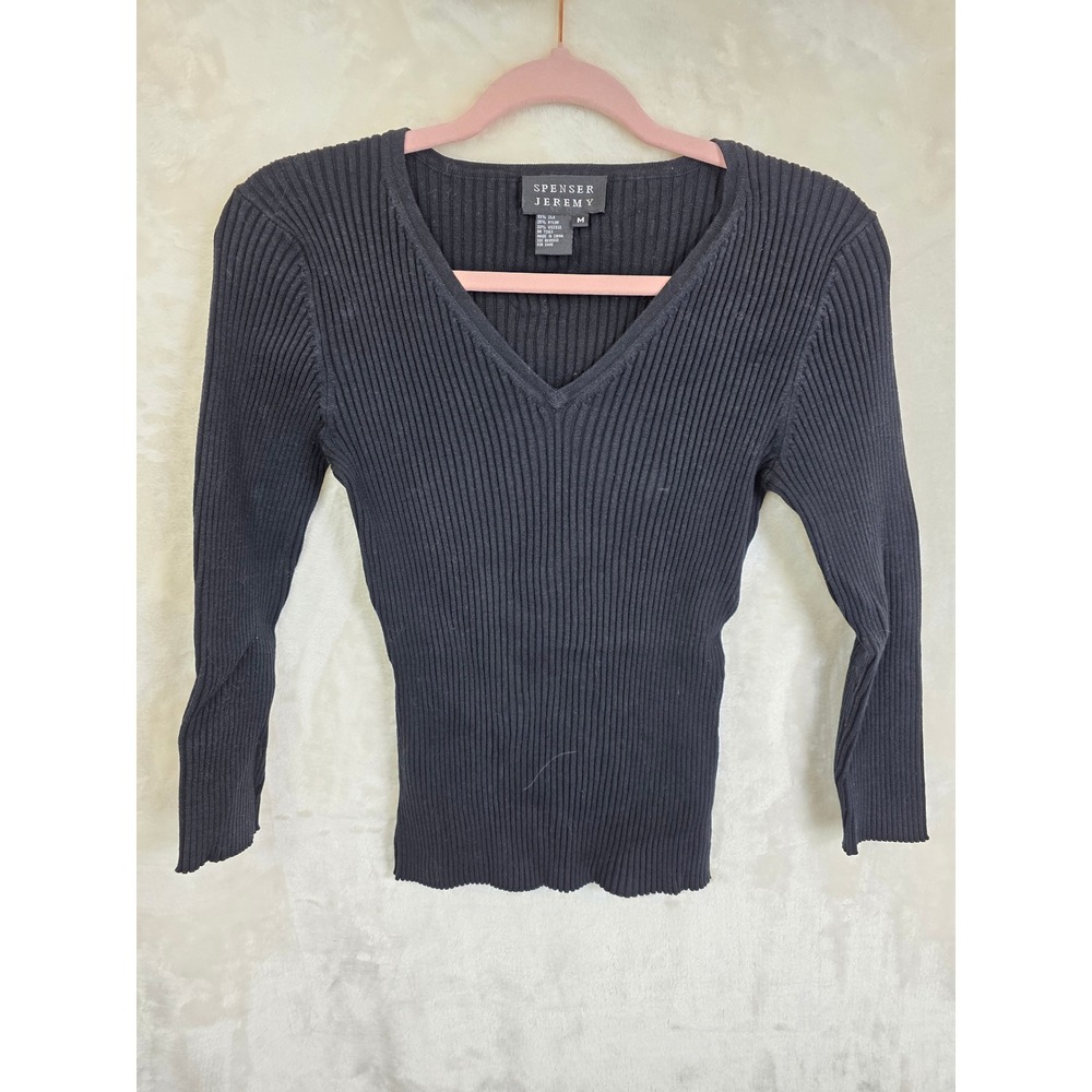 Spenser Jeremy Womens Black Silk Blend Ribbed V-Neck Long‎ Sleeve Sweater M